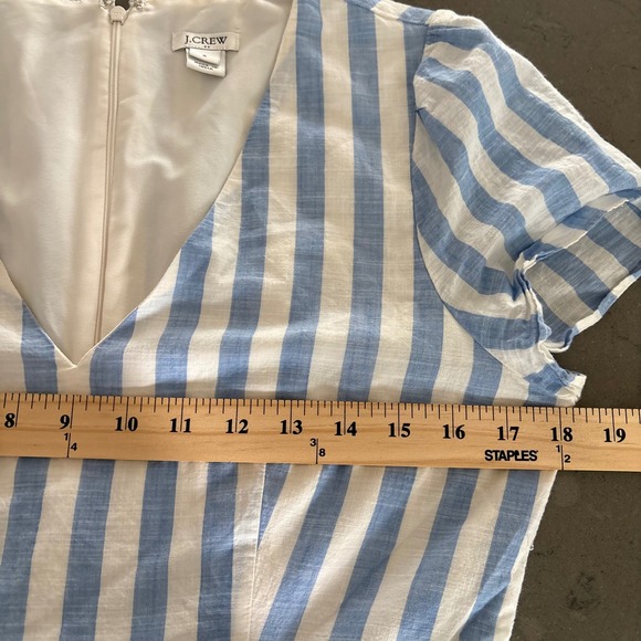J.Crew Faux Wrap Dress Blue Stripe Cotton Ruffle Hem Party Nautical Preppy Wmn M - Picture 3 of 10